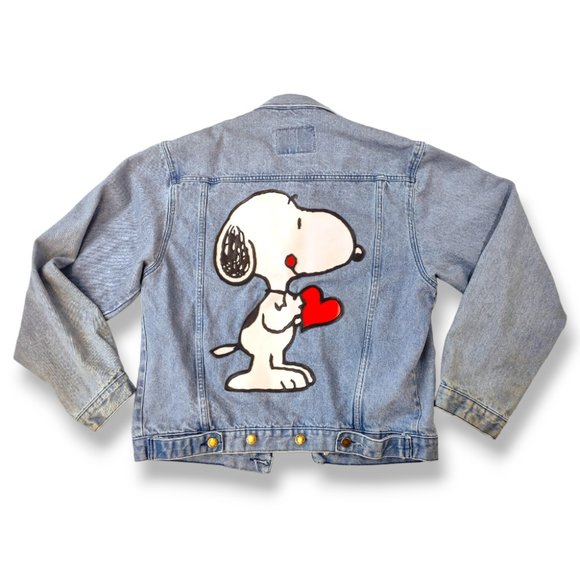 Sold-vintage Snoopy denim jean jacket with back leather patch - Picture 4 of 7